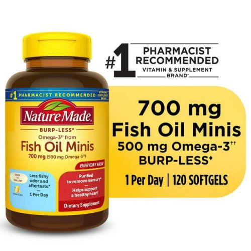 Nature Made Burp Less Omega 3 Fish Oil Supplements 700 mg Minis Softgels; 120 Count Nature Made Burp Less Omega 3 Fish Oil Supplements 700 mg Minis Softgels; 120 Count